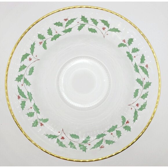 Lenox Arcoroc Christmas Holly Berry 9” Clear Glass Serving Bowl with Gold Trim - Picture 3 of 11